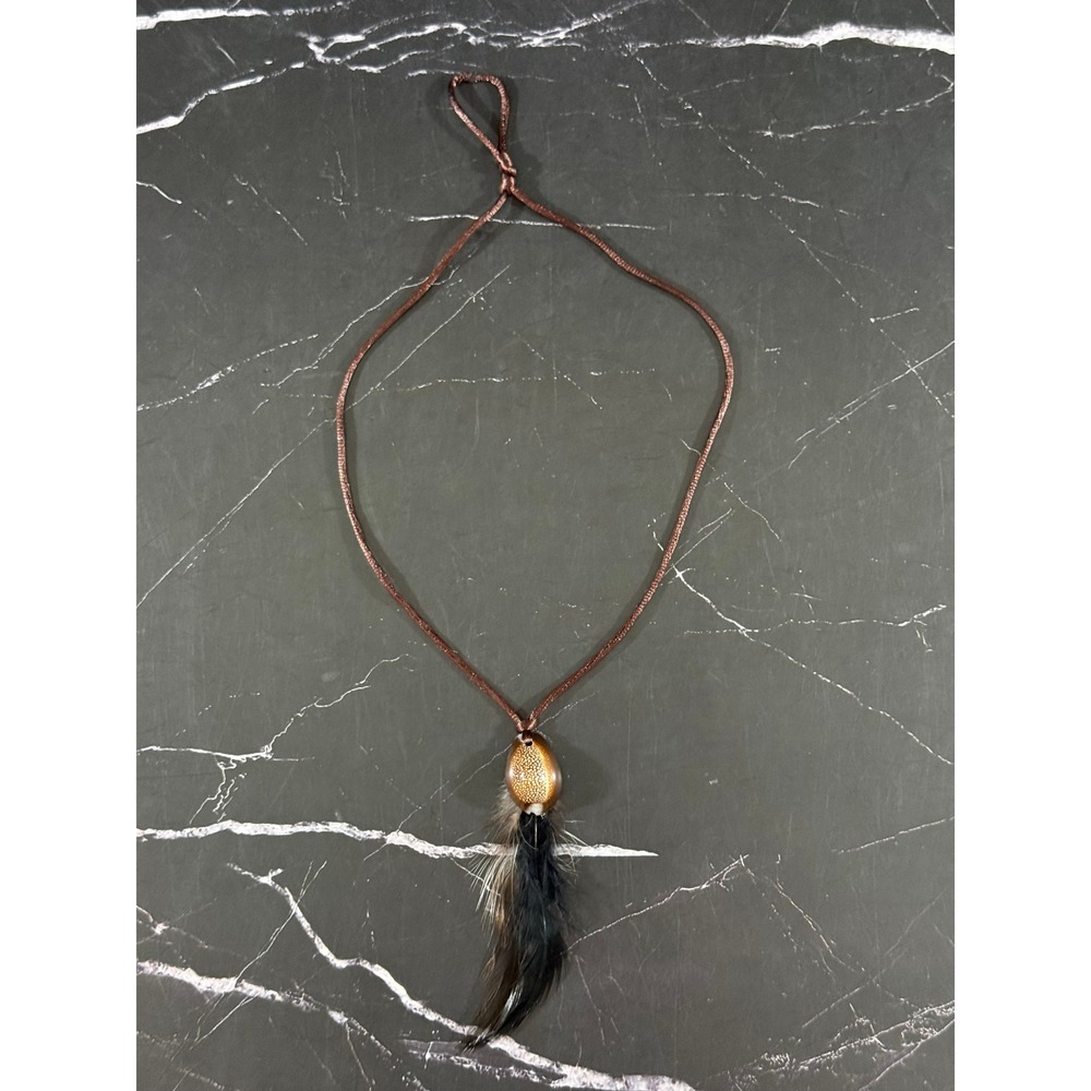 Bohemian Cowrie Shell and Feather Pendant Corded Necklace